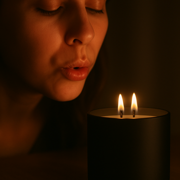 woman with eyes closed blowing a candle  out in a dimly lit setting